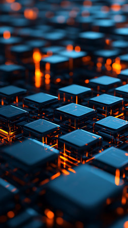 Futuristic technological background with glowing cubes. 3d render illustrationの素材