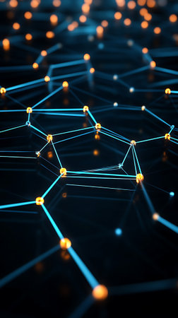 3d illustration of network connection with glowing dots and lines on dark backgroundの素材