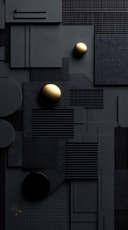 Abstract black background with geometric shapes and golden spheres. 3d renderの素材