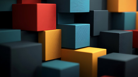 Colorful wooden cubes background. 3D render illustration of geometric shapesの素材