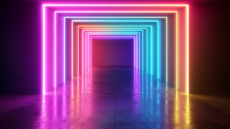 Neon tunnel. 3D rendering. Neon light tunnel background.の素材
