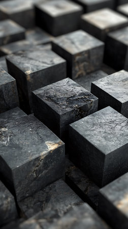 Abstract background of black stone blocks. Close-up. Selective focus.の素材