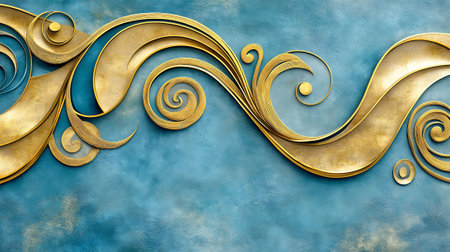 abstract blue background with gold floral ornament. 3d illustration.の素材