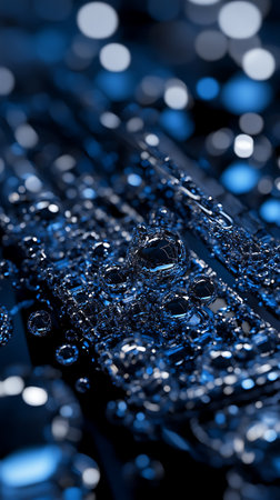 Close up of a cell phone with ice cubes on a blue backgroundの素材