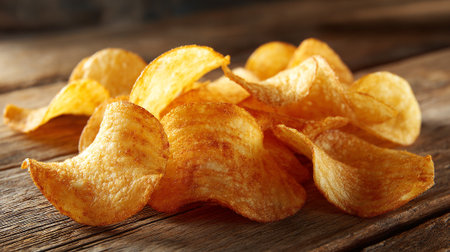 Crispy potato chips on wooden table, closeup. Snackの素材