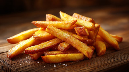 French fries on wooden table, close-up, selective focus.の素材