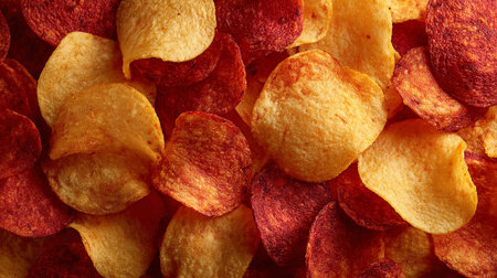 Potato chips background. Close-up of potato crisps.の素材