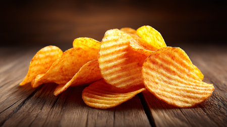 Potato chips on a wooden table. Close up. Selective focus.の素材