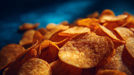 Potato chips on a dark blue background. tinting. selective focusの素材
