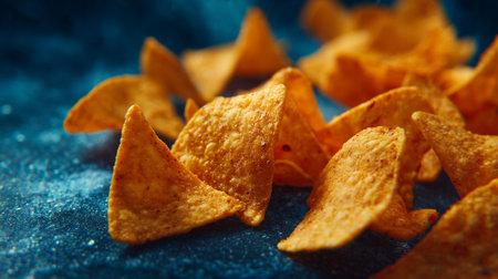 Nachos chips on a blue background. Selective focus.の素材