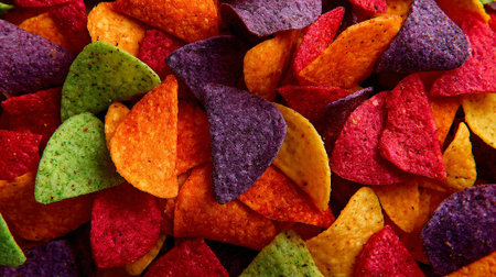 Mexican nachos chips background. Close up of tortilla chips.の素材