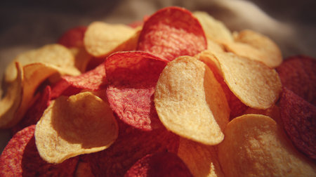 Potato chips background. Close up of potato chips. Potato chips background.の素材