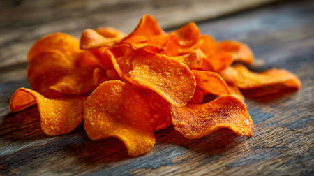 sweet potato chips on a wooden background. tinting. selective focusの素材