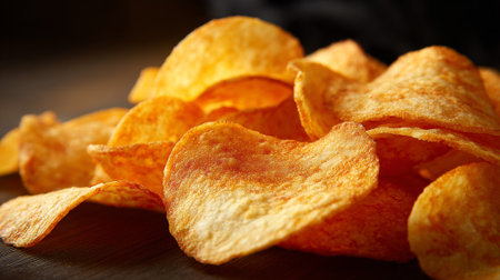 Potato chips on wooden table, close-up, selective focusの素材