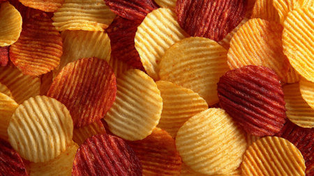 Potato chips background. Close-up of potato chips. Top view.の素材