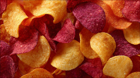 Pile of potato crisps background, close up, top viewの素材