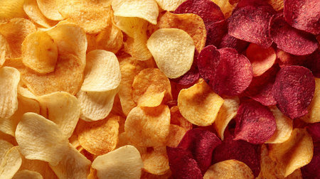 Potato chips background, top view. Crispy potato chips texture.の素材