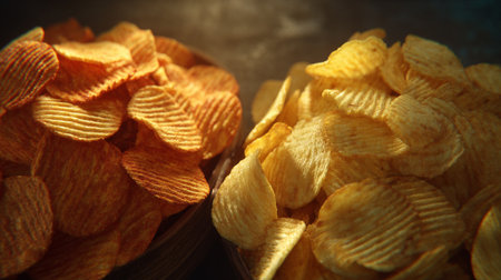 Potato chips in wooden bowl. Selective focus. Toned.の素材