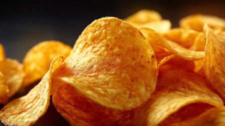 Potato chips on a black background. Close-up, selective focus.の素材