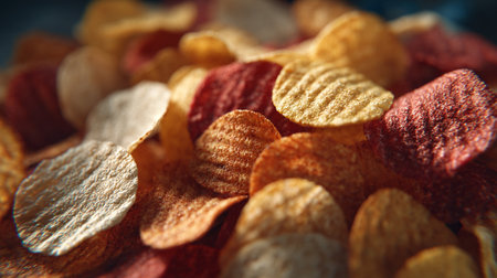 crispy potato chips close up macro shot with shallow depth of fieldの素材