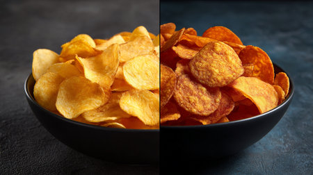 Potato chips in black bowl on dark background with copy space.の素材