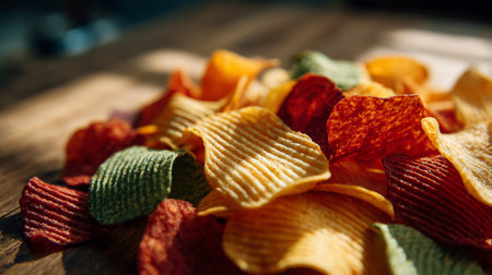 Crispy potato chips on a wooden table. Selective focus.の素材