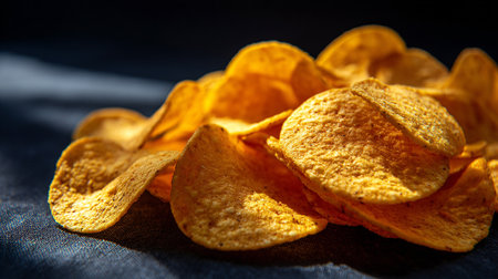 Crispy potato chips on dark background. Selective focus.の素材