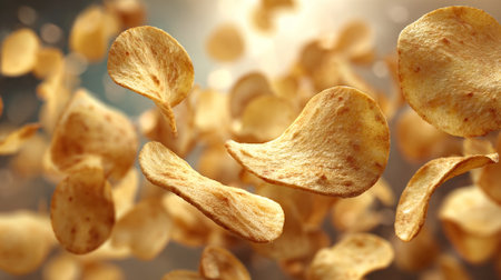 Potato chips flying in the air. 3d rendering, 3d illustration.の素材