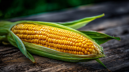Fresh Sweet Corn Cob with Husk on Weathered Wood Surfaceの素材