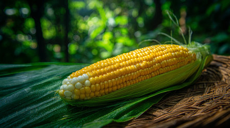 Fresh Corn on the Cob Displayed in a Natural Outdoor Settingの素材