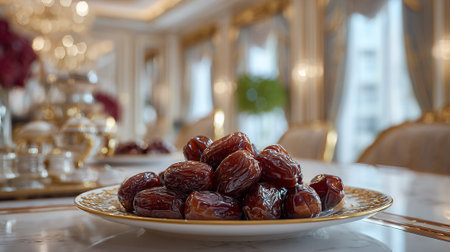 Elegant plate of dates in an opulent dining setting evoking traditionsの素材