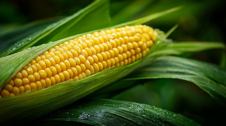 Fresh Ear of Corn Surrounded by Wet Green Leavesの素材