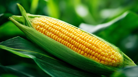 Ripe corn on the cob, a vibrant harvest with vibrant colors.の素材