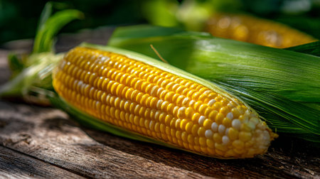 Freshly Harvested Sweet Corn on the Cob Displayed on Rustic Woodの素材