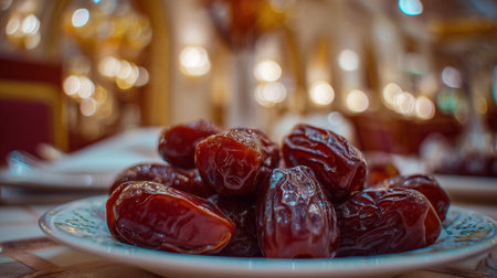 Delicious Dates on a Decorative Plate with a Warm, Festive Backgroundの素材