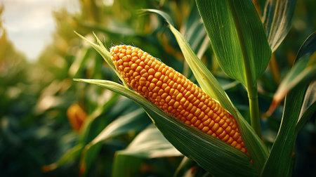 Ripe Corn Cob in Field at Sunset, Harvest Season Agricultureの素材