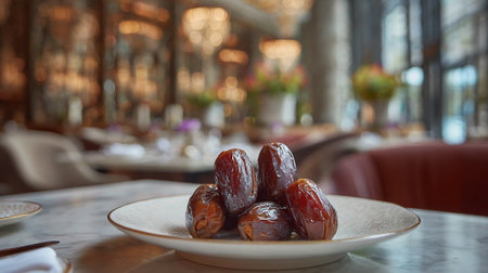 Delicious Medjool Dates on a Plate, Restaurant Ambiance with Chandeliersの素材
