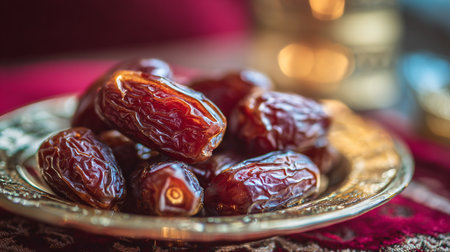 Fresh, Plump Dates Gleaming on a Decorative Plate in a Warm Settingの素材