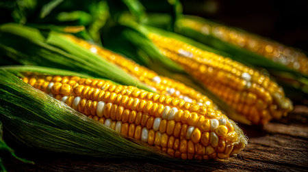 Freshly Picked Sweet Corn on the Cob Displayed on Rustic Woodの素材