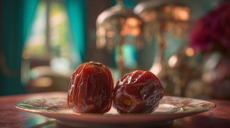 Still Life with Two Dates on a Floral Plate, Warm Tonesの素材