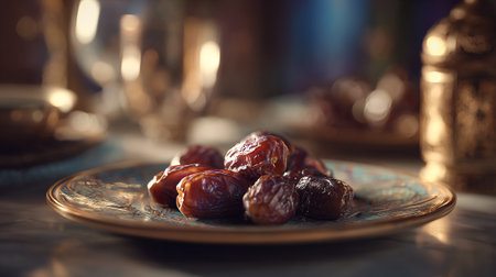 Delicious dates on an ornate plate, perfect for Ramadan celebrations and feasts.の素材