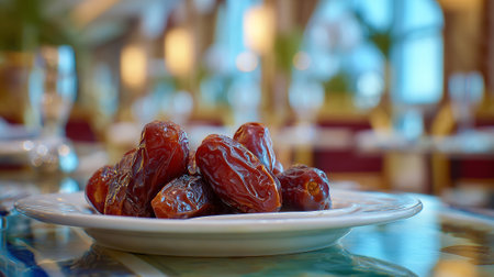 Delicious glossy dates on a white plate in a restaurant settingの素材