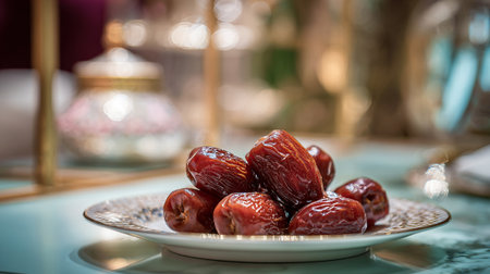 Elegant dates served on ornate plate with a decorative background.の素材