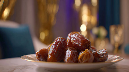 Delicious Dates Displayed on a Decorative Plate with Soft Bokeh Backgroundの素材