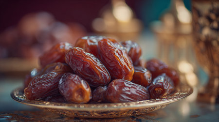 Delicious, sweet, and healthy dates elegantly presented on a beautiful golden plate.の素材