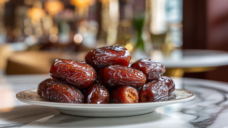 Delicious fresh dates elegantly presented on a stylish plate indoorsの素材