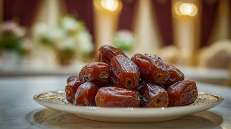 Heap of Fresh Dates on an Ornate Plate, Middle Eastern Traditionの素材