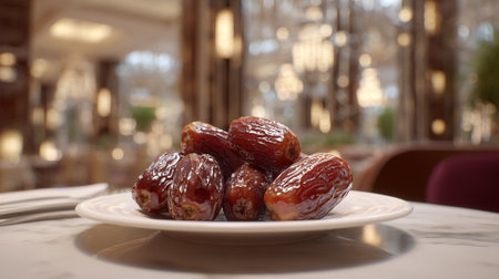 Elegant Arrangement of Medjool Dates on a White Plate in Restaurantの素材