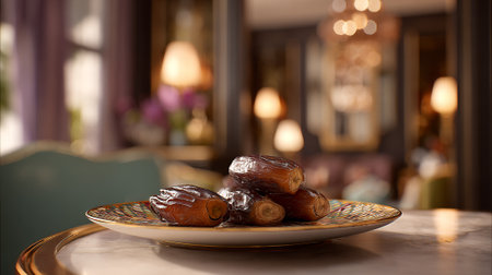 Elegant dates arrangement on decorated plate showcasing Middle Eastern culture and tradition.の素材