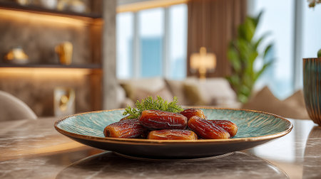 Premium dates beautifully arranged on an elegant plate indoors with stylish decorの素材